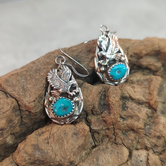 Vintage Turquoise Sterling Silver Native American Eagle Navajo Dangle Earrings - Picture 2 of 5